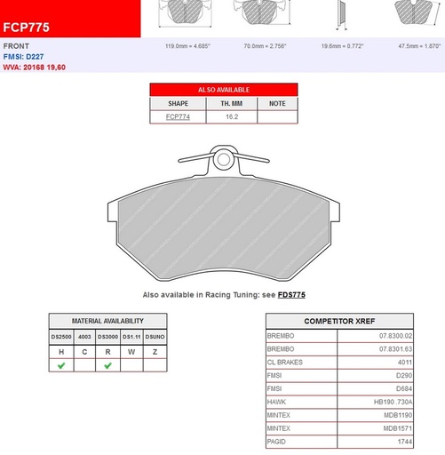 [FCP775R] FCP775R - Ferodo brake pads DS3000