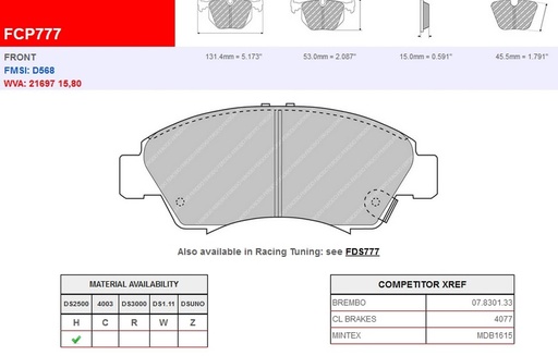 [FCP777H] FCP777H - Ferodo brake pads DS2500