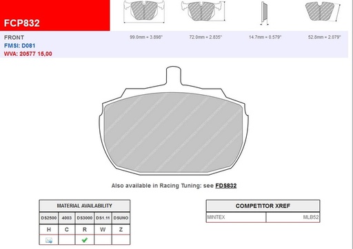 [FCP832R] FCP832R - Ferodo brake pads DS3000
