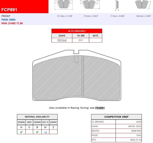 [FCP891R] FCP891R - Ferodo brake pads DS3000