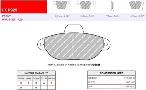 [FCP925R] FCP925R - Ferodo brake pads DS3000