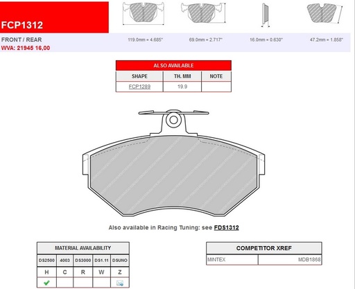 [FCP1312H] FCP1312H - Ferodo remblokken DS2500