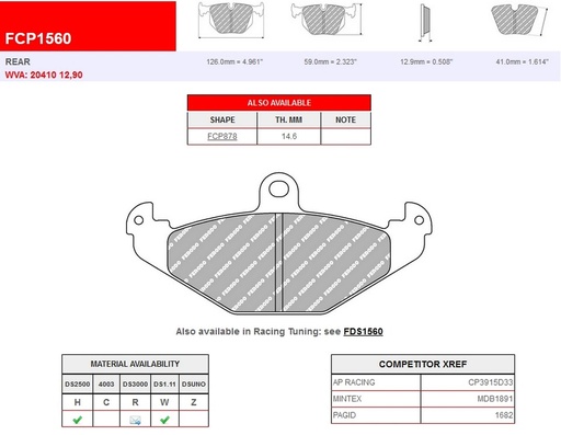 [FCP1560R] FCP1560R - Ferodo brake pads DS3000
