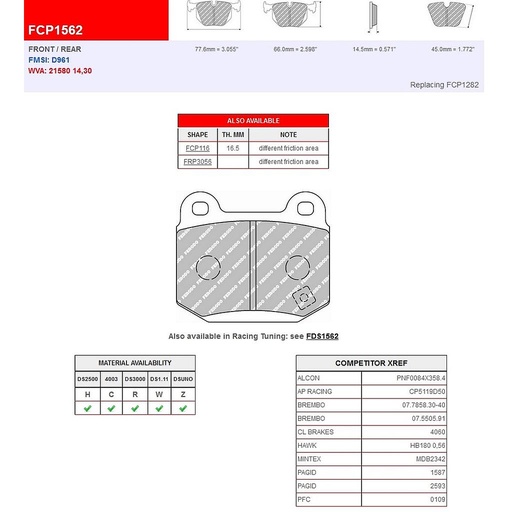 [FCP1562H] FCP1562H - DS2500 Ferodo brake pads