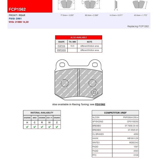 [FCP1562R] FCP1562R - Ferodo remblokken DS3000