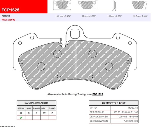[FCP1625H] FCP1625H - Ferodo brake pads DS2500