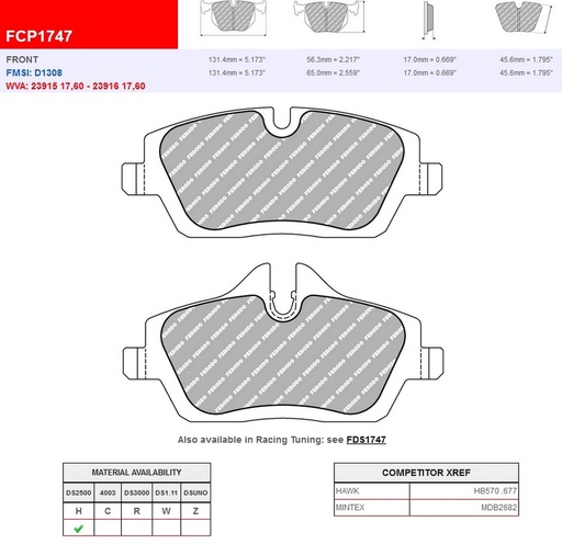 [FCP1747H] FCP1747H - Plaquettes Ferodo DS2500